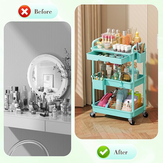 SUNALLY Makeup Cart Organizer with Drawers, Floor Skincare Organizers Vanity Storage Organizer, Rolling Makeup Bathroom Storage Cart Cosmetics Display Cases for Skin Care Perfume Nail Polish, Blue
