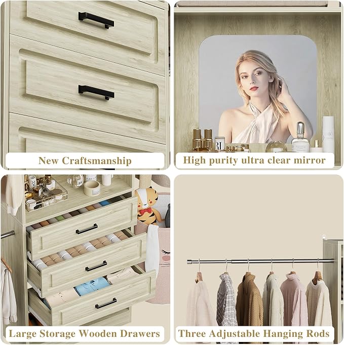 Unikito 48" W - 96” W Closet System with Mirror, 8FT Walk in Closet Organizer with Drawers and 3 Extendable Hanging Rod, Sturdy Wood Clothing Garment Rack with 25” Tower, Max Load 1000 LBS, White Oak