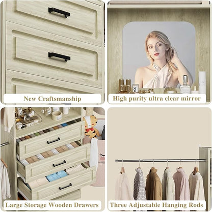 Unikito 48" W - 96” W Closet System with Mirror, 8FT Walk in Closet Organizer with Drawers and 3 Extendable Hanging Rod, Sturdy Wood Clothing Garment Rack with 25” Tower, Max Load 1000 LBS, White Oak