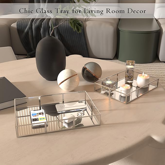 Perfume Vanity Tray With Metal Frame, Gold Bathroom Decorative Tray for Dresser, Jewelry or Home Decoration 2 Pcs (L+S)