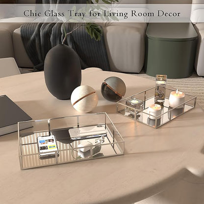 Perfume Vanity Tray With Metal Frame, Gold Bathroom Decorative Tray for Dresser, Jewelry or Home Decoration 2 Pcs (L+S)