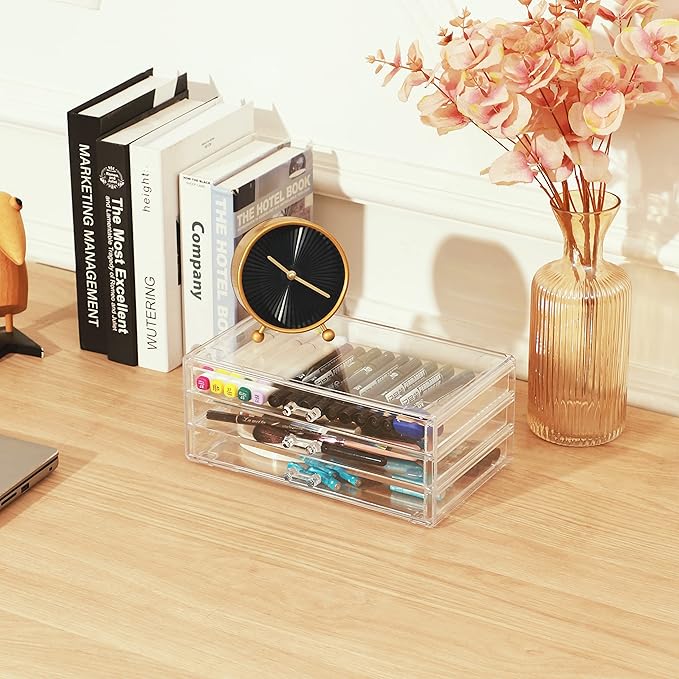 Cq acrylic 1 Pack Clear Acrylic Drawer Organizer Countertop,Stackable 3 Drawers Makeup Storage,Cute Cube Make Up Organizer for Dresser Hair Clip,Beauty Product Desk and Bathroom Organizers and Storage