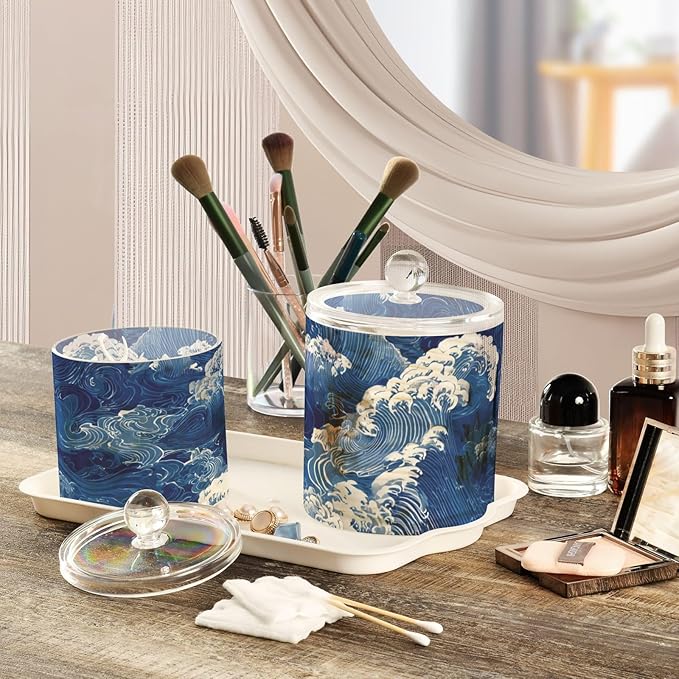 2 Pack Qtip Dispenser Apothecary Jars with Lids Cotton Round Holder Bathroom Canisters for Cotton Swab Floss Ball Pads Clear Plastic Decorative Blue Ocean Waves