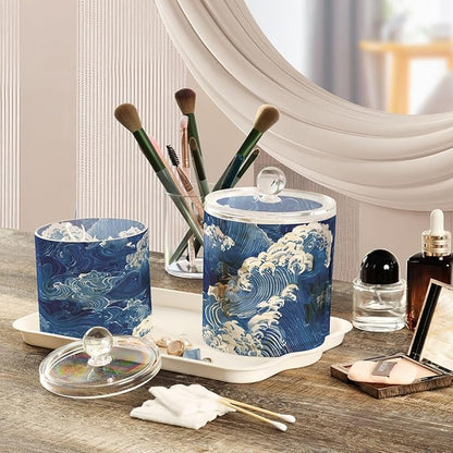2 Pack Qtip Dispenser Apothecary Jars with Lids Cotton Round Holder Bathroom Canisters for Cotton Swab Floss Ball Pads Clear Plastic Decorative Blue Ocean Waves