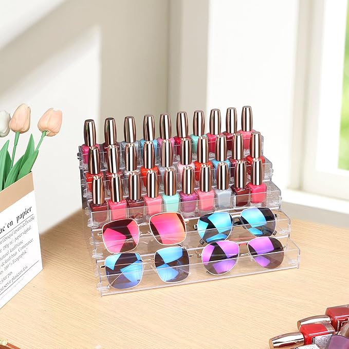 Sunglass Organizer Easy Snap-on Assembly, Acrylic Sticker Display Stand for Vendors, Nail Polish Holder Nail Desk Essential Oil Lipstick Storage,Clear Sunglasses Perfume Organizer (5 Layers)