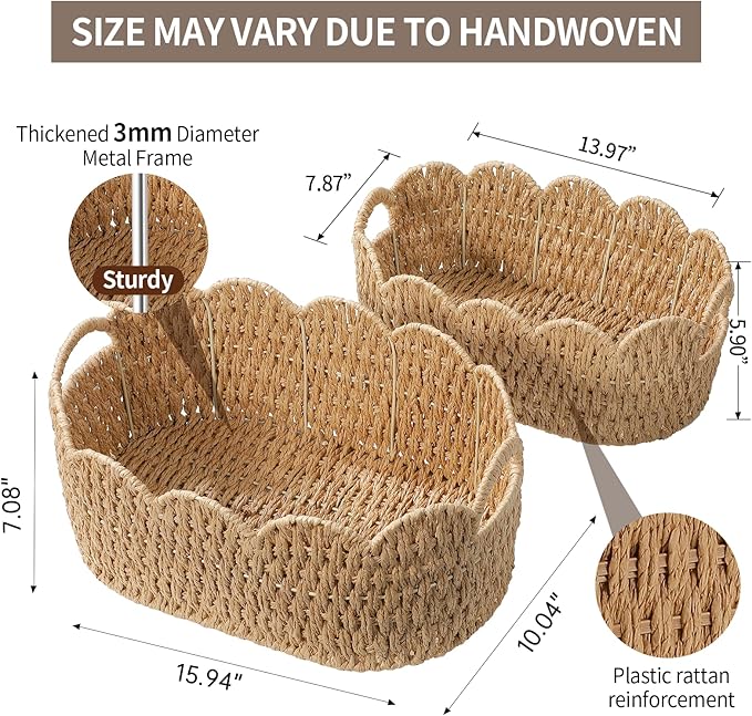 Coeusy Paper Rope Scalloped Basket Set of 2,Woven Storage Baskets for Shelves,Laundry,Towels,Clothes,Books,Toys,Cute Decor Baskets for Organizing,Natural Color
