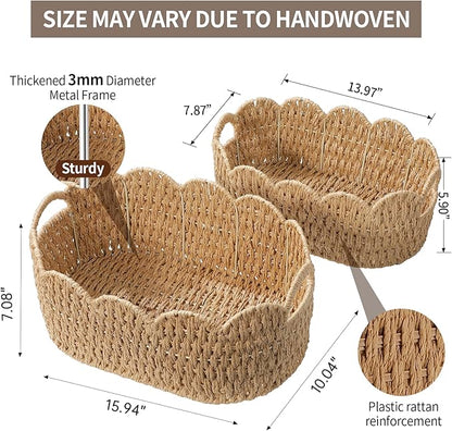 Coeusy Paper Rope Scalloped Basket Set of 2,Woven Storage Baskets for Shelves,Laundry,Towels,Clothes,Books,Toys,Cute Decor Baskets for Organizing,Natural Color
