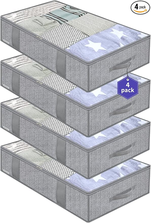 Onlyeasy Underbed Storage Bags Organizer, 4 Pack Large Capacity Under Bed Storage Containers with Reinforced Handles, Foldable Fabric Storage Bins with Clear Window, Herringbone Grey, 7MXRUBBP4