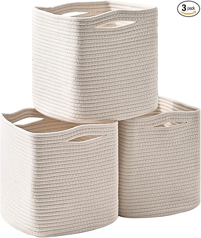 ICERZCZ 13 Inch Cube Closet Storage Bins, Woven Cotton Rope Organizer Baskets for Organizing & Shelves, Books, Towels, Clothes, Toys, 13x13x13 in, Off White (Pack of 3)