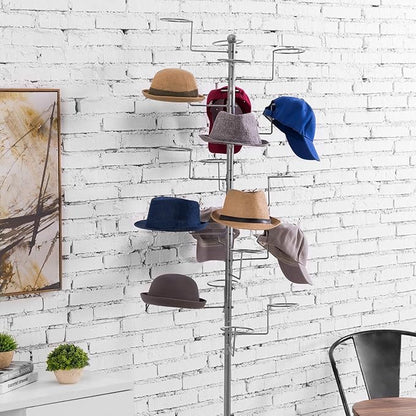 MyGift Hat Rack Holder Stand, Freestanding Baseball Cap Organizer Display, Large Retail Wig Holder with 20 Customizable Circular Hooks, for Multiple Hats, Shape of Tree, Silver Metal