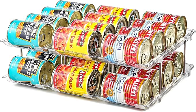 Amllas Can Organizer for Pantry, Stacking Can Storage Organizer Pantry, Automatic Rolling Can Rack for Fridge, 2Tire 3 Columns Can Holder for 24 Cans, Canned Goods Organizer