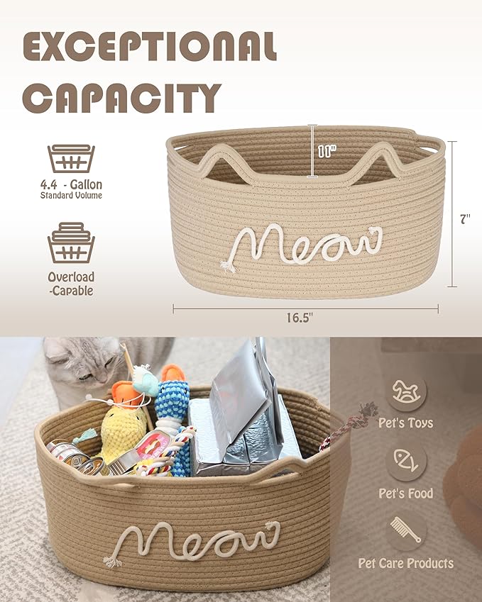 Sea Team Cat Toy Basket with Handles, 16.5 x 11 x 7 Inches, 4.4 Gallons Large Cotton Rope Storage Bin, Box, Shelf Organizer for Pet Chew Toys, Foods, Beige Meow