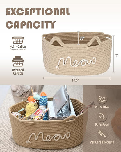 Sea Team Cat Toy Basket with Handles, 16.5 x 11 x 7 Inches, 4.4 Gallons Large Cotton Rope Storage Bin, Box, Shelf Organizer for Pet Chew Toys, Foods, Beige Meow