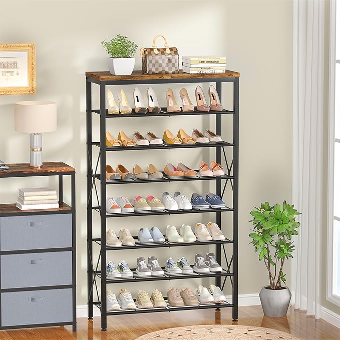 8-Tier Metal Shoe Rack for 32 Pairs, Heavy-Duty Shoe Organizer with Rustic Wooden Top, Space-Saving Entryway Shoe Storage for Closet, Garage, Hallway, Bedroom, Black & Rustic Brown