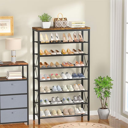 8-Tier Metal Shoe Rack for 32 Pairs, Heavy-Duty Shoe Organizer with Rustic Wooden Top, Space-Saving Entryway Shoe Storage for Closet, Garage, Hallway, Bedroom, Black & Rustic Brown