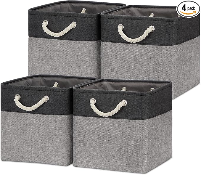 Temary 12 Inch Cube Storage Baskets 4 Pack Fabric Storage Bin for Clothes, Large Baskets with Handles, Basket for Organizing Towels, Blankets, Collapsible Cube Storage Bins (Black&Gray)
