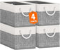 Fab totes Storage Bins 4-Pack, Foldable Storage Baskets for Organizing Toys, Books, Shelves, Closet, Large Storage Box with Rope Handles, Sturdy Organizer Bins, White & Grey