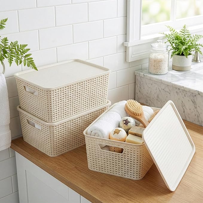 BINO | Plastic Storage Baskets with Lids, 15.5 Liter - 3 Pack, Natural | THE WOVEN COLLECTION | Storage Basket for Shelves | Woven Storage Baskets for Organizing Bins | Pantry Shelf Organizer Bin