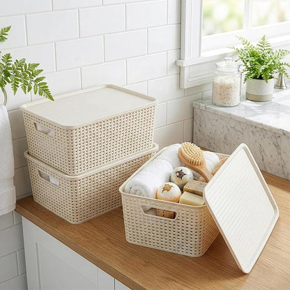 BINO | Plastic Storage Baskets with Lids, 15.5 Liter - 3 Pack, Natural | THE WOVEN COLLECTION | Storage Basket for Shelves | Woven Storage Baskets for Organizing Bins | Pantry Shelf Organizer Bin