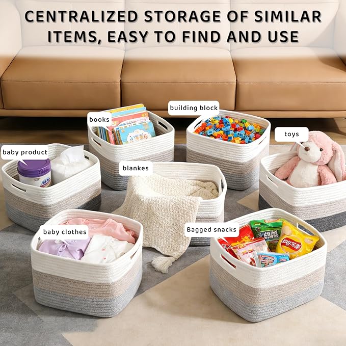 4 Pack Storage Baskets for Organizing, 12''Lx9''Wx8''H Woven Baskets for Storage Toys, Towels, Books, and Clothes, Cotton Rope Basket for Shelves with Handle White & Brown