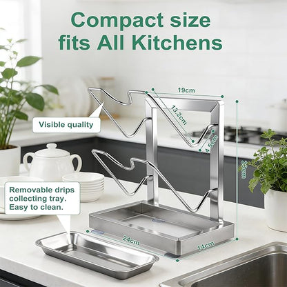 Pot lid holder within reach while cooking: 2-Layer Stainless Steel Pot Lid holder with removable drips collecting tray, Pot Lids Storage Rack, Pot Lids Organizer for various pot sizes and handles.