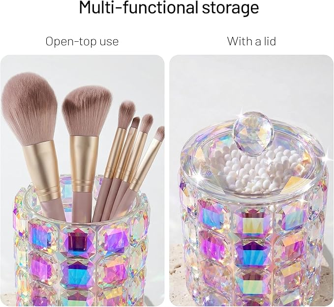 Crystal Qtip Holder Dispenser, 17oz Bathroom Canisters with Lid for Cotton Balls,Swabs,Floss Picks,Hair Accessories, Iridescent Glass Apothecary Jars with Lids,Vanitys Bathroom Organizer and Storage