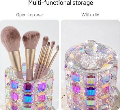 Crystal Qtip Holder Dispenser, 17oz Bathroom Canisters with Lid for Cotton Balls,Swabs,Floss Picks,Hair Accessories, Iridescent Glass Apothecary Jars with Lids,Vanitys Bathroom Organizer and Storage