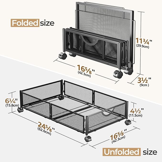 Yecaye Under Bed Storage with Wheels, 4 Pack Under Bed Shoe Storage Organizer Drawer, Tool-free Assembly Metal Underbed Storage Containers for Clothes, Shoes, Toys, Black