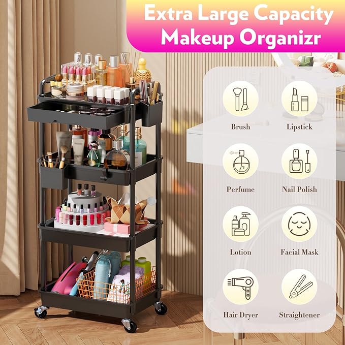 SUNALLY Makeup Cart Organizer with Drawers, 4 Tier Floor Skincare Organizers for Vanity, Rolling Makeup Bathroom Storage Cart Cosmetics Display Cases for Skin Care Perfume Nail Polish, Black