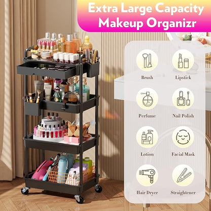 SUNALLY Makeup Cart Organizer with Drawers, 4 Tier Floor Skincare Organizers for Vanity, Rolling Makeup Bathroom Storage Cart Cosmetics Display Cases for Skin Care Perfume Nail Polish, Black