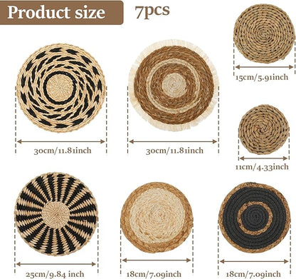 7 Pcs Boho Wall Basket Decor, Rattan Wicker Boho Wall Decor, Hanging Woven Basket Wall Decor, Round Handmade Wall Art for Living Room Bedroom Display Table Settings Home Christmas Decoration (Black)