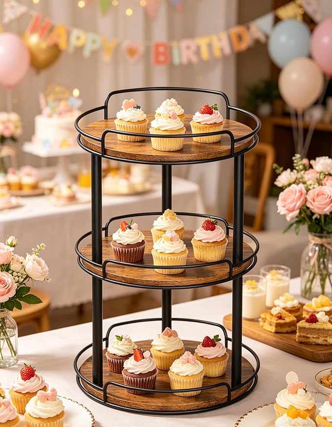 LAMU 10'' Wood Lazy Susan Turntable Organizer for Cabinet, 3 Tier Lazy Susan Spice Rack Organizer for Kitchen, Wood Cake Turntable for Cupcake Stand, Table Top, Countertop, Pantry, Bathroom