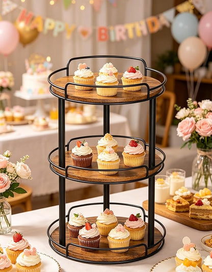 LAMU 10'' Wood Lazy Susan Turntable Organizer for Cabinet, 3 Tier Lazy Susan Spice Rack Organizer for Kitchen, Wood Cake Turntable for Cupcake Stand, Table Top, Countertop, Pantry, Bathroom