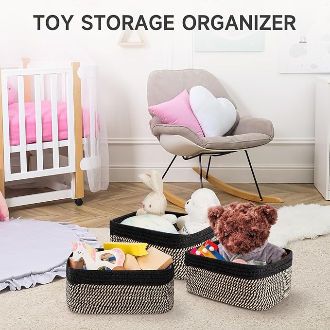 3-Pack Shelf Baskets for Organizing, Closet Organizer Bins, Small Woven Baskets, Rope Toy Basket, Storage Basket for Shelves, Cube Decorative Box, 11.8×7.8×5.1”, Black Brown
