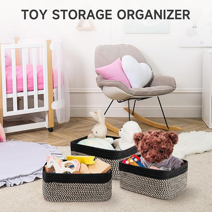 3-Pack Shelf Baskets for Organizing, Closet Organizer Bins, Small Woven Baskets, Rope Toy Basket, Storage Basket for Shelves, Cube Decorative Box, 11.8×7.8×5.1”, Black Brown