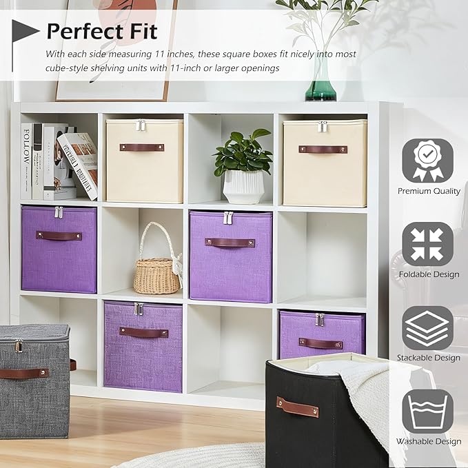 4PCS Storage Cubes with Lid Fabric Storage Bins Boxes PU Leather Handles Cotton Linen Closet Organizer Container Decorative Foldable Washable Shelf Cloth Basket (Zipper Lid, Purple, 11in)