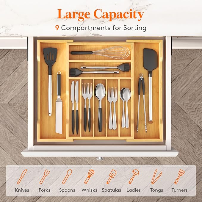 Lifewit Silverware Drawer Organizer, Expandable Utensil Tray for Kitchen, Flatware and Cutlery Holder, Wood Adjustable Storage for Spoons Forks Knives, 31-53 x 43cm, Natural