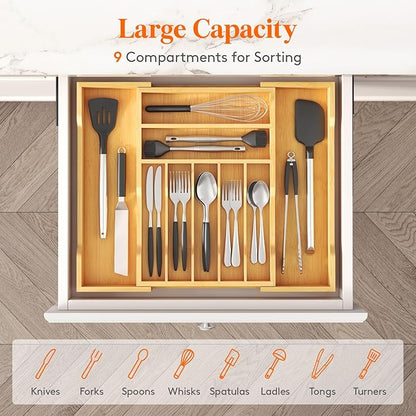 Lifewit Silverware Drawer Organizer, Expandable Utensil Tray for Kitchen, Flatware and Cutlery Holder, Wood Adjustable Storage for Spoons Forks Knives, 31-53 x 43cm, Natural
