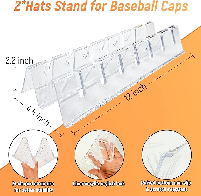 Hat Organizer for Baseball Caps,2 Pack Clear Acrylic Hat Stand For 14 Baseball Caps,Hat Holder for Display and Organization for Closet, Bedroom,Dresser, Office, Hat Racks