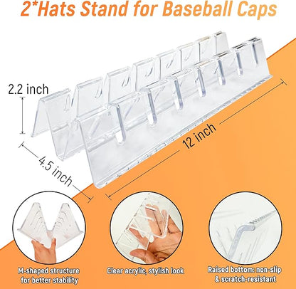 Hat Organizer for Baseball Caps,2 Pack Clear Acrylic Hat Stand For 14 Baseball Caps,Hat Holder for Display and Organization for Closet, Bedroom,Dresser, Office, Hat Racks