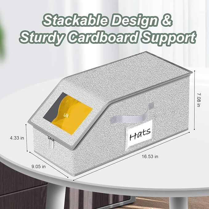 Hat Organizer for Baseball Caps 2PCS Stackable Storage with Clear Window Lid, Flip-Top Access, Space-Saving Hat Box for Closet, Breathable Fabric (Grey)