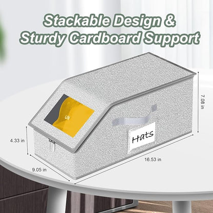 Hat Organizer for Baseball Caps 2PCS Stackable Storage with Clear Window Lid, Flip-Top Access, Space-Saving Hat Box for Closet, Breathable Fabric (Grey)