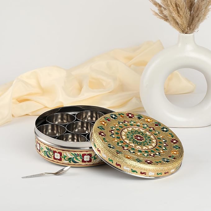 NAVRANG Stainless Steel Spice Box Masala Box/Dabba Decorative Meenakari (7 Steel Cups With 1 Spoon) Multi Colour