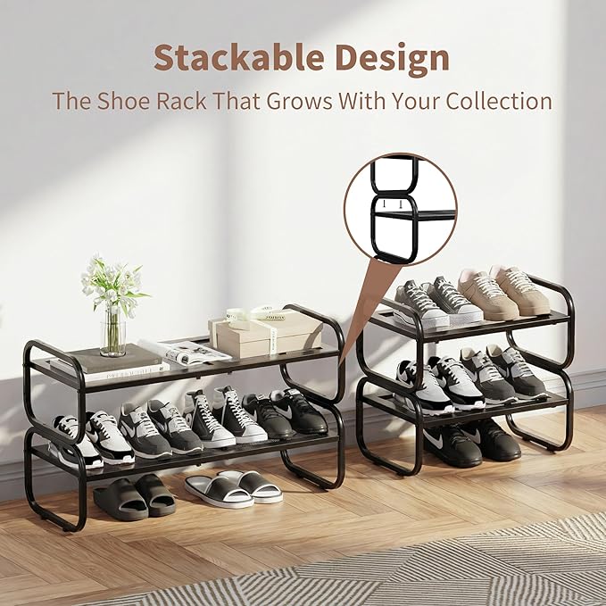2 Tier Shoe Rack - Expandable Shoe Organizer for Closet, Adjustable Metal Shoe Shelf Storage, Stackable Long Shoe Stand Holder for Garage, Entryway, Door Entrance