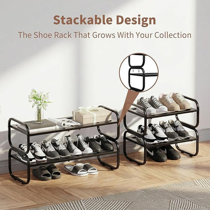 2 Tier Shoe Rack - Expandable Shoe Organizer for Closet, Adjustable Metal Shoe Shelf Storage, Stackable Long Shoe Stand Holder for Garage, Entryway, Door Entrance