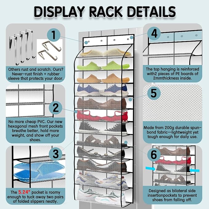 Kotkn Over The Door Shoe Organizer with 12 Large Breathable Pockets - Durable Hanging Storage for the Entire Family's Shoes (White)