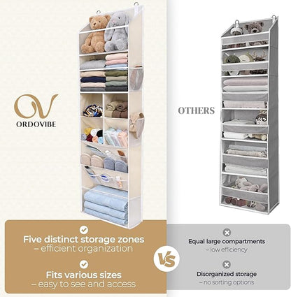 6-in-1 Over Door Hanging Organizer, Versatile Storage Over Door Organizer with 12 Mesh Pockets, 44 lbs Weight Capacity Hanging Storage Organizer for Bedroom, Bathroom,Behind Door,Beige