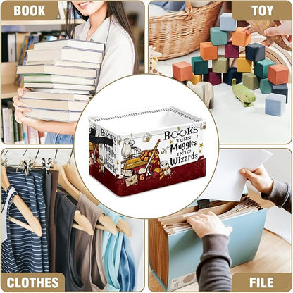 Book Magic Storage Basket Large Foldable Owl Storage Bin Cube Collapsible Organizer for Pantry Bedroom Decor