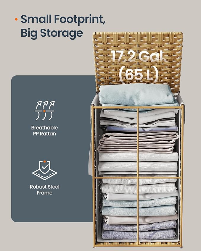 SONGMICS HOME Laundry Hamper with Lid, Clothes Basket with Removable Liner and Handles, 17.2 Gallon, Foldable Narrow Laundry Organizer for Bathroom, Bedroom, Light Brown