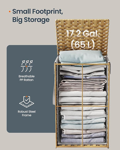 SONGMICS HOME Laundry Hamper with Lid, Clothes Basket with Removable Liner and Handles, 17.2 Gallon, Foldable Narrow Laundry Organizer for Bathroom, Bedroom, Light Brown